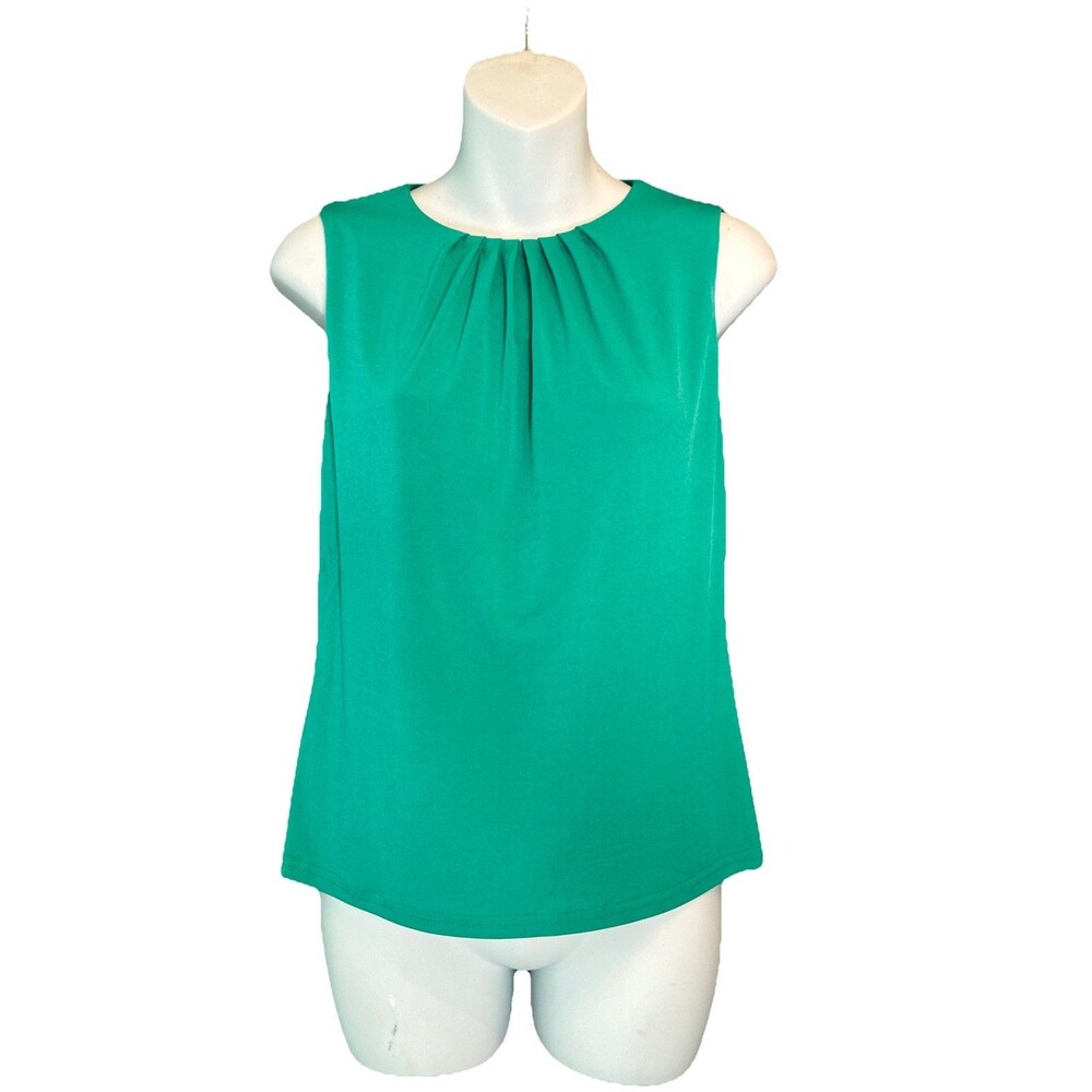 Calvin Klein Pleated Neck Sleeveless Blouse Size PS Jade Green Minimalist Career